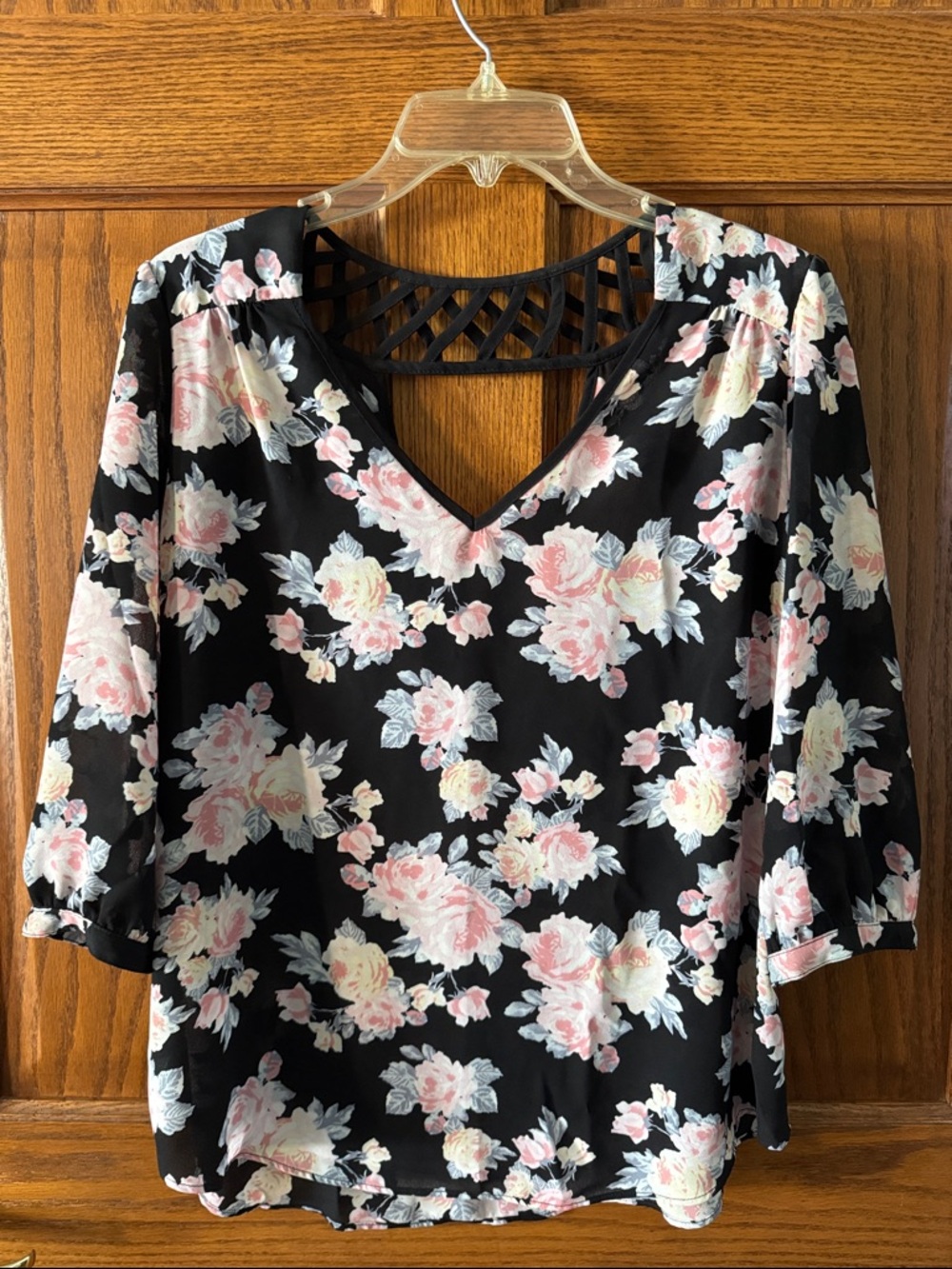 BCX Black Floral V-Neck Blouse with Lattice Back Detail